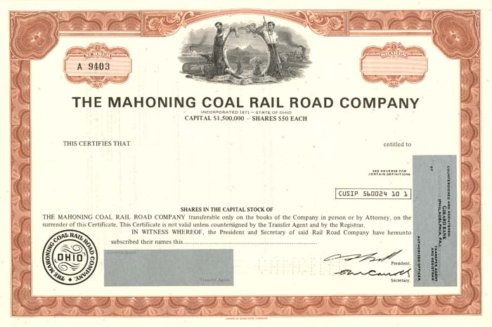 Mahoning Coal Rail Road Co. - Stock Certificate